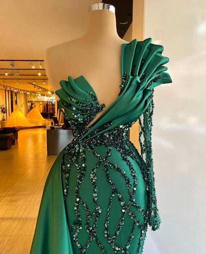 vmtvr  -  Customized Handmade Women's Bright Green Noble Mermaid Sparkling Irregular Pleated One Shoulder Long Sleeve Evening Dress