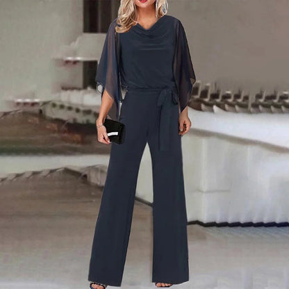 vmtvr Office Lady Solid Mesh Straight Jumpsuit Spring Crew Neck Lace-up Belted Women Rompers New Summer Short Sleeve Playsuit Overalls