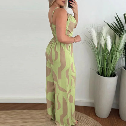 vmtvr Elegant Temperament Printed Long Pants Jumpsuit Women's Casual Pocket High Waist Romper New Summer Fashion V-Neck Slim Playsuits