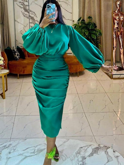 vmtvr Long Sleeve Green Dresses Bodycon Elastic Satin Smocked Midi Dress Elegant Big Size Shiny Evening Christmas Party Church Outfits