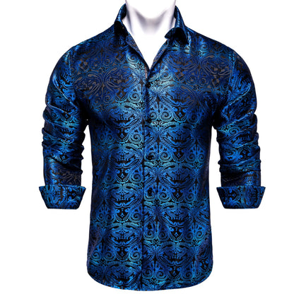 Men's Long Sleeve Black Paisley Silk Dress Shirts Casual Tuxedo Social Shirt Luxury Designer Men Clothing