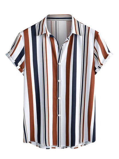 jiaabc Men's Shirt Vertical Mixed Stripes Button-Up Men's Clothing Casual Silky Blouse Top Short Sleeved Shirts for Men