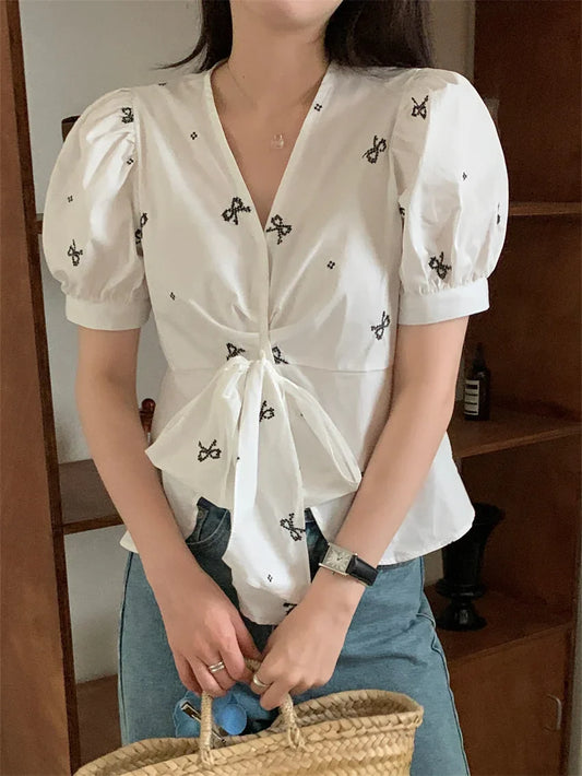 vmtvr 2024 Stylish V-Neck Sweet Blouses Women Summer Florals Half Sleeve Gentle Office Lady Slim Mujer High Street