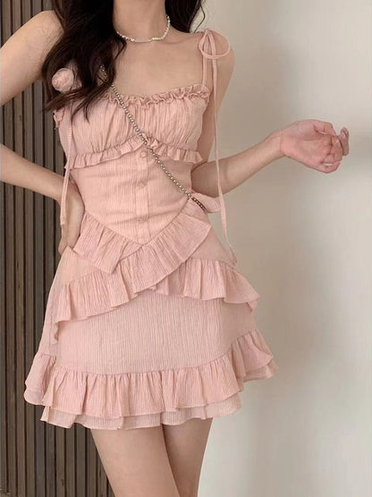 vmtvr - 2023 Summer Pink Strap Dress Office Lady Casual Sleeveless Beach Style Y2k Mini Dress Even Party Outwear One Piece Dress Korean