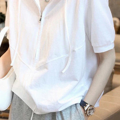 vmtvr Y2K Women Short Sleeve Hoodies Summer Zipper Fashion Female Streetwear T Shirts Korean Casual All Match Student White Tops