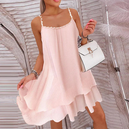 vmtvr Women Square Collar Beading Design Party Dress Spring Solid Rib Pleated A-Line Office Dress Summer Sleeveless Ruffle Sling Dress