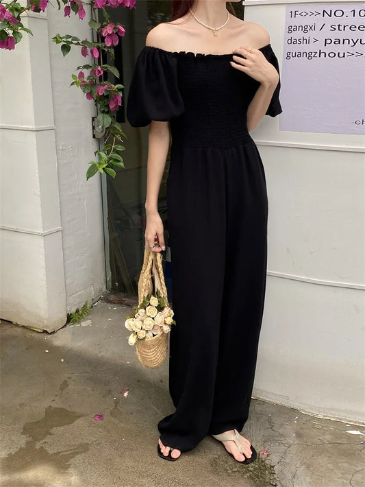 vmtvr Black Jumpsuits Women Elegant Chic Slim Work Wear New Summer Office Lady Wide Leg Slash Neck Daily Rompers