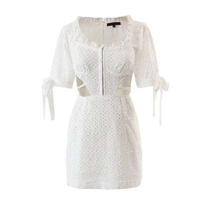 Sexy Women White Lace Embroidery Hollow Out Dress Short Sleeve Fashion Ladies Bodycon Mini Robe