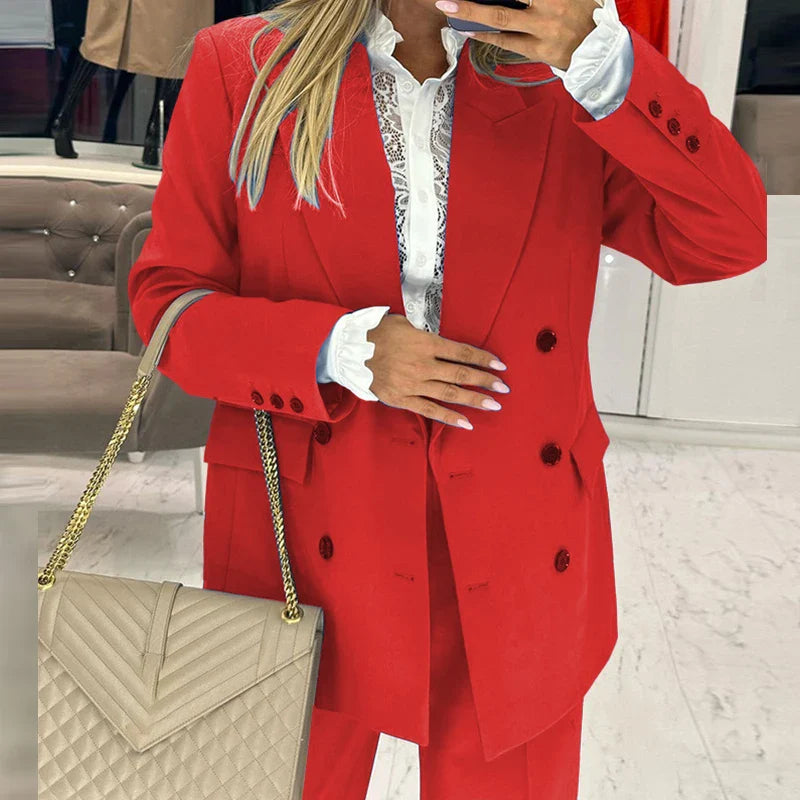 vmtvr Fall Winter Solid Women Blazer Suits Elegant Double Breasted Lapel Top & Long Pants Outfits Fashion Long Sleeve Office Lady Sets