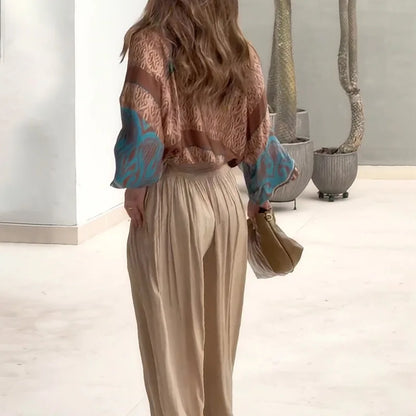 vmtvr Casual Pattern Printed Long Sleeved Suits Women's Fashion Streetwear Wide Leg Pants Outfits Spring Summer Commuter Loose 2pc Set