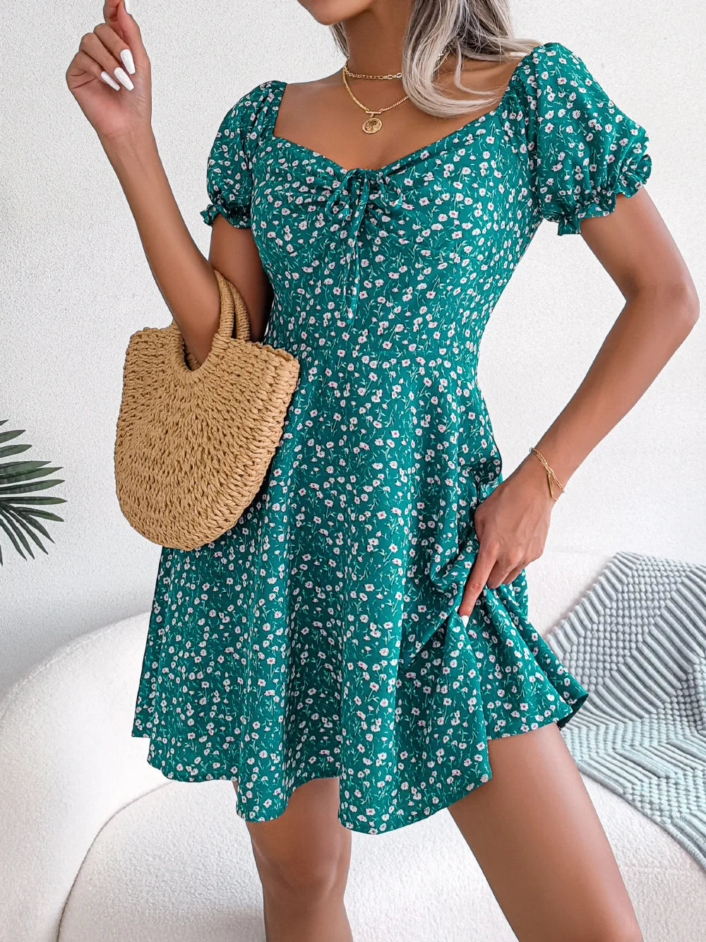 vmtvr  -  Square Collar Lace-up Waist Tight High-Waist Mini Dress Women Floral Print Puff Short Sleeve