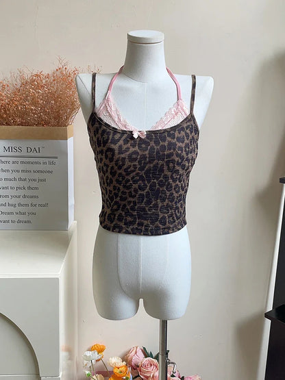 vmtvr Summer Women Korean Ballet Core Fake Two Pieces Camisole Coquette Dark Academia Leopard Print Crop Top Gyaru 2000s Aesthetic Hot