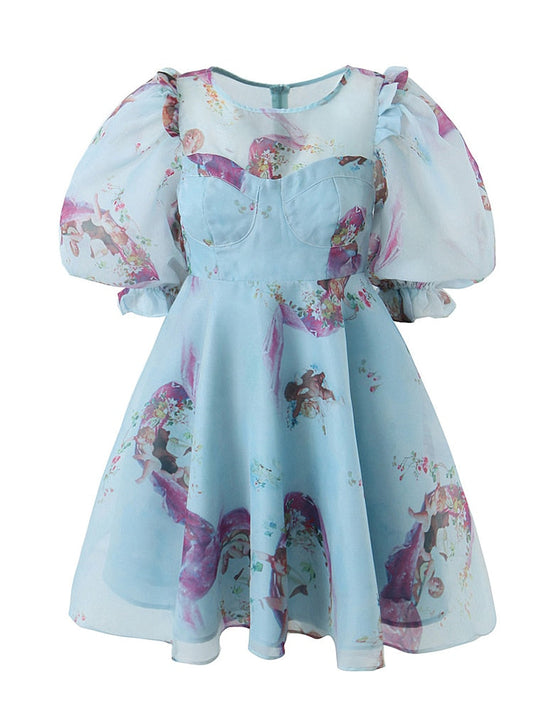 New Women Palace Style Floral Print Organza Dress Vintage Puff Sleeve Beautiful Girl Party Mini Robe Fairy Dress