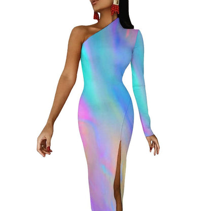 Rainbow Colors Maxi Dress Long Sleeve Colorful Aesthetic Cute Bodycon Dress High Slit Party Long Dresses Women Pattern Vestidos