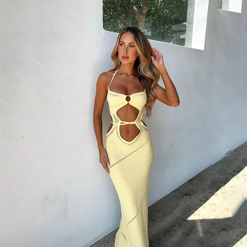 vmtvr  -  Yellow Knitted Beach Dress Women Fashion Halter Hollow Out Slim Long Dresses Summer Sexy Backless Holiday Party Outfits