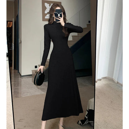 vmtvr New Vintage Knitted Sweater Midi Dresses for Women New Autumn Winter Half High Collar Thickened Elastic Ladies Slim Dress