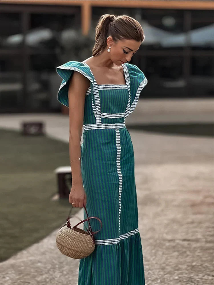 vmtvr  -  Elegant Plaid Fly Sleeve Long Dress For Women Fashion Square Collar Sleeveless Patchwork Dresses Spring Lady Street Vestido