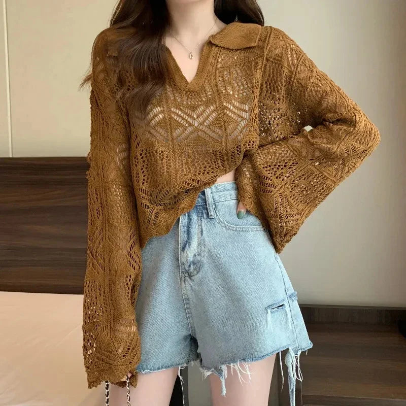 vmtvr Women Sexy Hollow Out Knit Shirts Summer Korean Fashion Loose Sun Protection Blouse Casual Female Flared Long Sleeve Tops