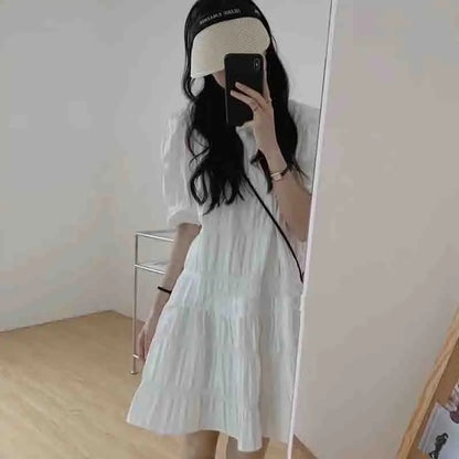 New Casual Loose Short Sleeve Summer Beach Dress White Fashion French Pleaded Dress for Women Evening Party Dresses Robe 27992