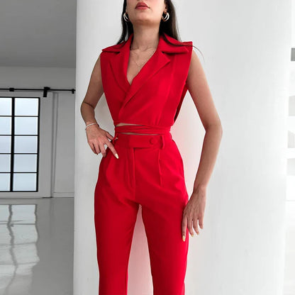 vmtvr New Summer High Street Slim Two Piece Set Ladies Elegant Commuting Party Outfits Casual Lapel Sleeveless Top and Long Pants Suit