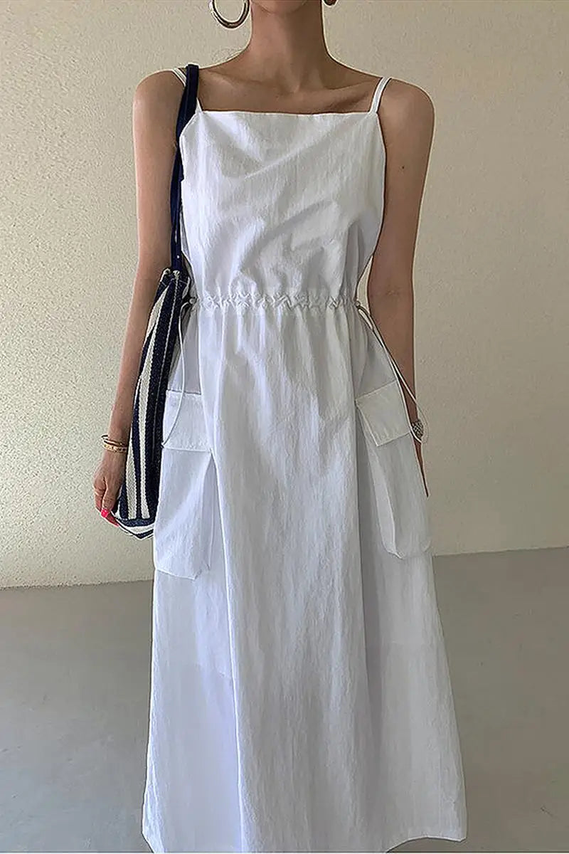 vmtvr  -  New Spaghetti Strap Long Dress Women Vintage Solid Drawstring Party Dress Summer Holiday Outfit