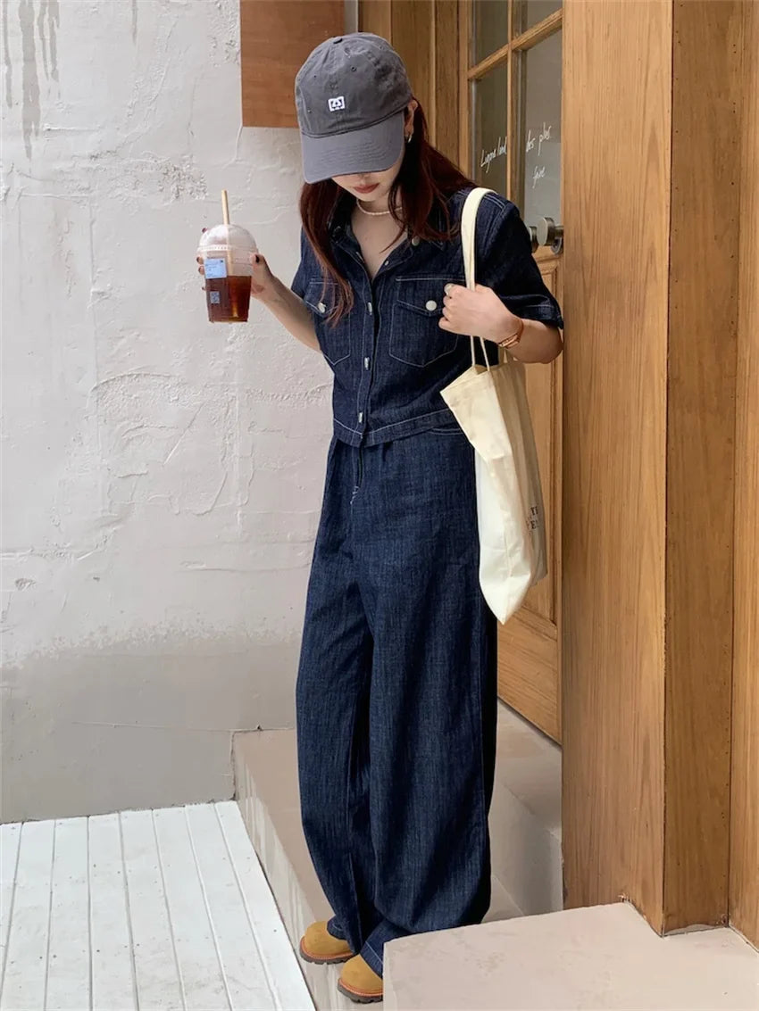 vmtvr Blue Denim Two Pieces Sets Women Loose Chic Summer Short Sleeve Coats Jeanswear New High Waist Slim Pants Suits