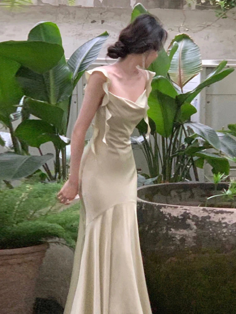 vmtvr French Elegant Sleeveless Midi Dress Office Lady Summer Slim Bodycon Pure Color Dress Party Fashion Strap Dress Woman Chic