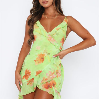 Sampic Floral Print Ruffles Spahetti Strap Mini Dress Summer Women Beach Sexy Sleeveless Backless Short Dresses Y2K Club Party