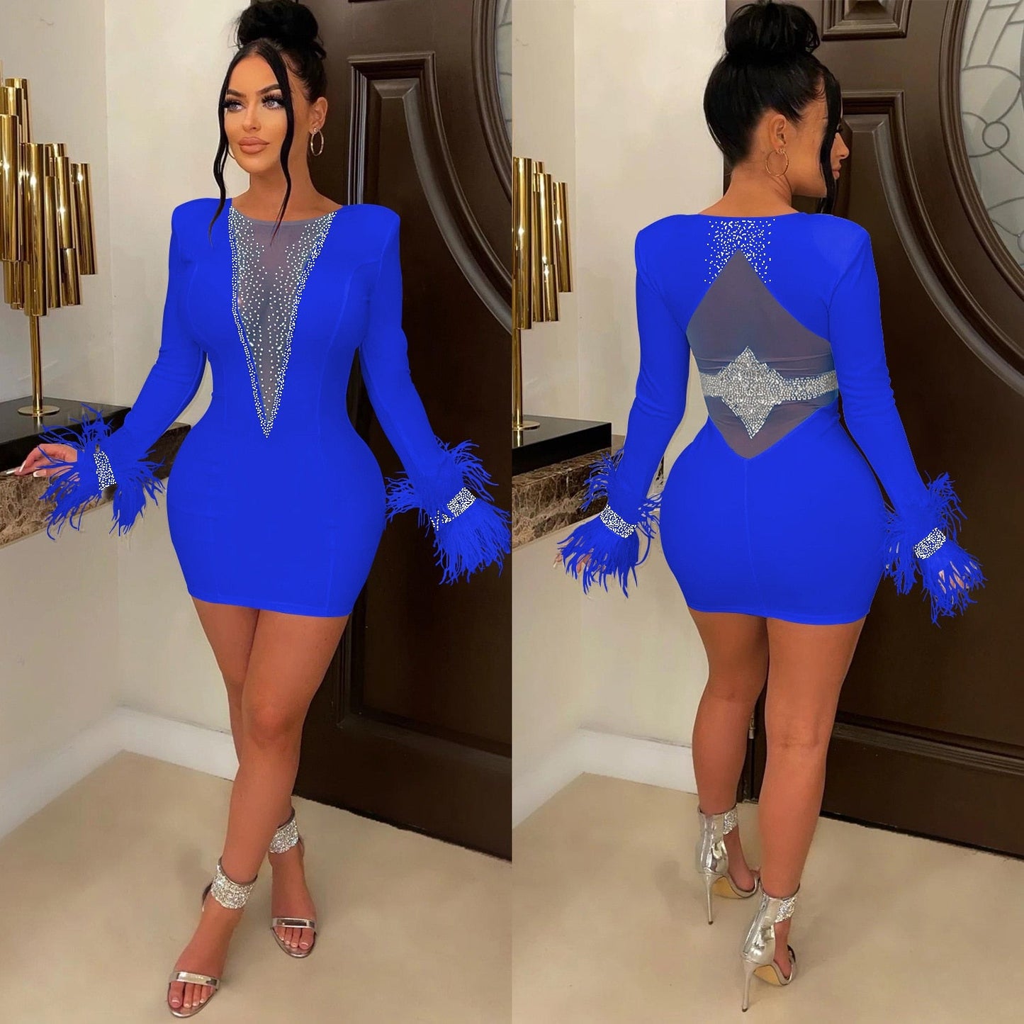 Sexy Women Mini Dress Feathers Sheer Mesh Diamond Streetwear Party Night Slim Fitness Dresses For Women Vestidos