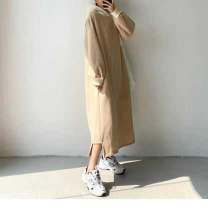 vmtvr Winter Fleece Thickened Dress Women's Solid Hooded Drawstring Korean Vintage Warm Casual Loose Versatile Side Split Dresses