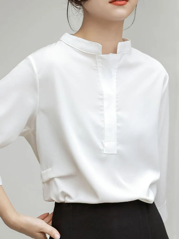 vmtvr White Women Chiffon Shirts Loose Half Sleeve Korean Office Ladies Summer Blouse Fashion Stand Collar Designed Female Tops