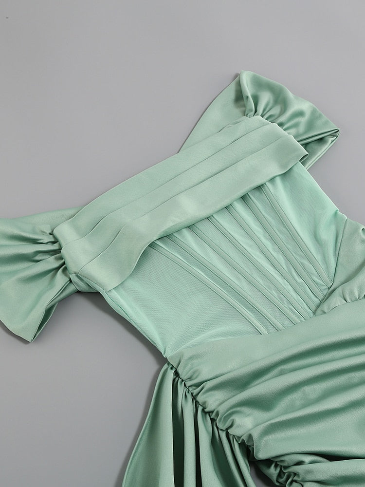 New Green Satin Draping Off Shoulder Corset Dress Elegant Backless Pleated Slim Mini Dress Celebrity Club Night Party Evening