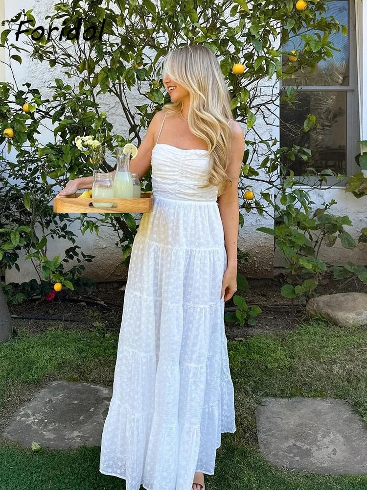 vmtvr  -  Flower Embroidery White Lace Summer Women Dress Tie Up Sexy Backless Beach Maxi Dress Sleeveless Party Long Vestidos