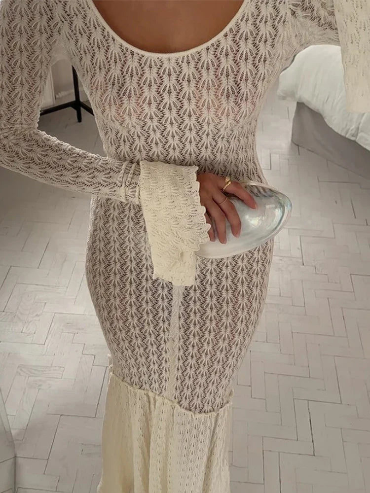 vmtvr  -  Sexy Knit Beach Long Dress Women Hollow-Out O-Neck Full Flare Sleeve Bikini Cover-Ups Dresses Fall Backless Holiday Party Robe