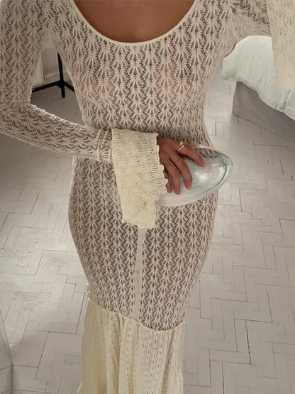 vmtvr  -  Sexy Knit Beach Long Dress Women Hollow-Out O-Neck Full Flare Sleeve Bikini Cover-Ups Dresses Fall Backless Holiday Party Robe