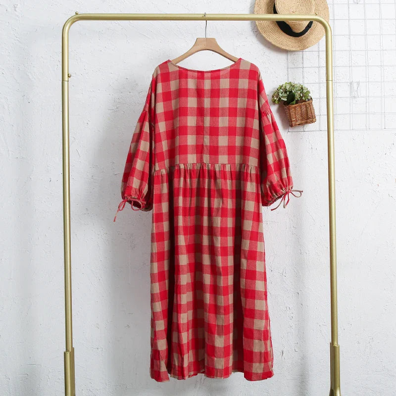 vmtvr  -  Elegant Dresses For Women 100% Cotton Plaid Casual Summer Loose Puff Sleeve Birthday Party Dress For Female Long Maxi Dress