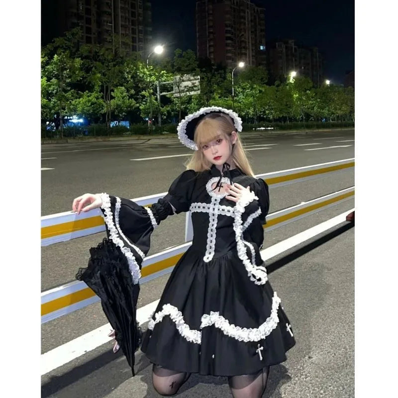 vmtvr  -  Japanese Gothic Cosplay Dress Female Harajuku Maid Kawaii Lolita Dress Women Costumes Hollow Out Long Sleeve Lace Y2k Clothes