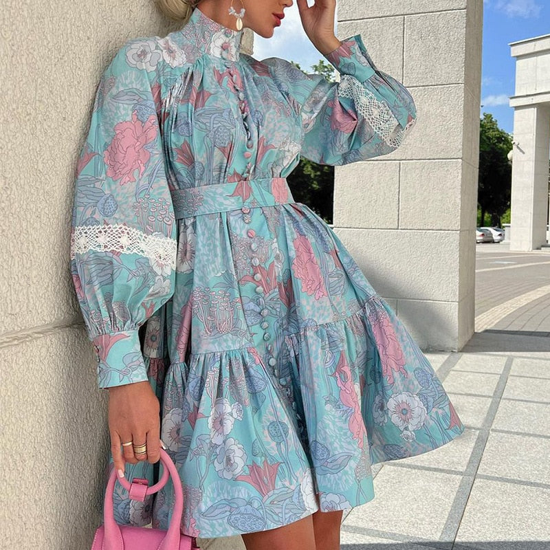 Spring Autumn Woman Printed Long Sleeve Boho Midi Dress Elegant High Waist Stand Collar Buttons Slim Dresses Lady Party Vestidos