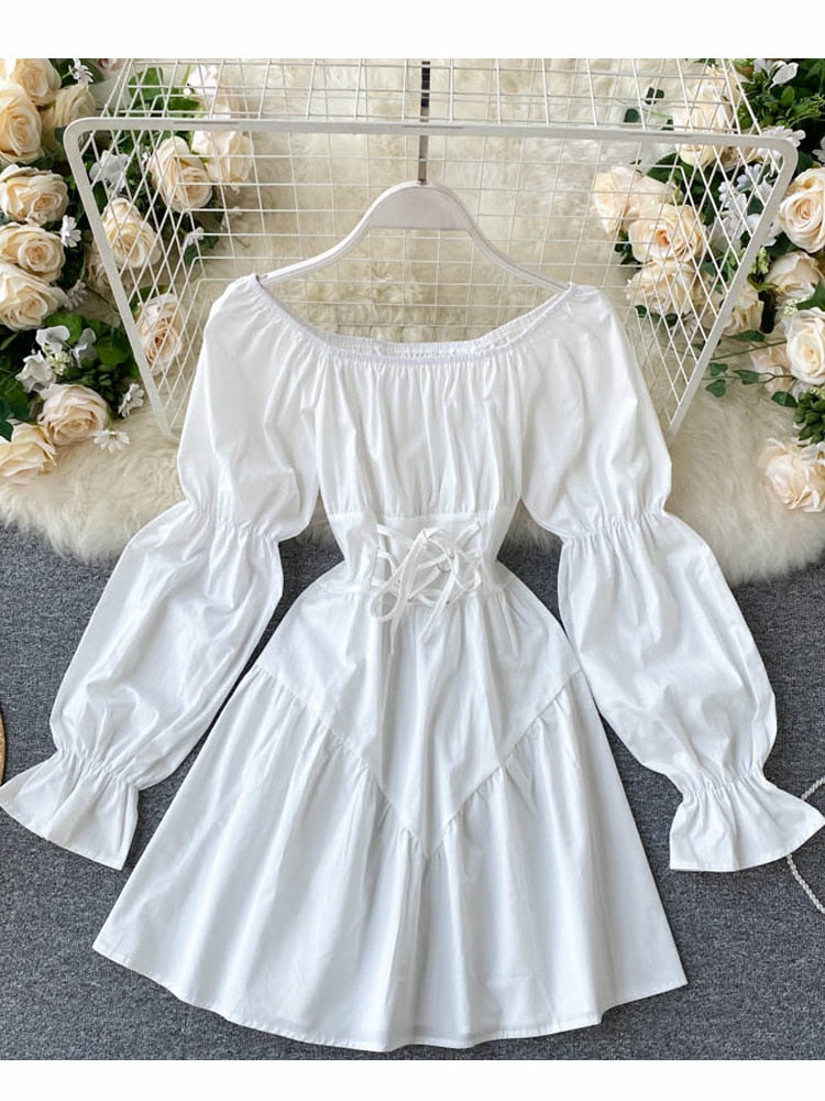 vmtvr Early Autumn Dress Retro Gothic Women White Black Bandage Mini Dress Sexy Off Shoulder Puff Sleeve Korean Vestidos