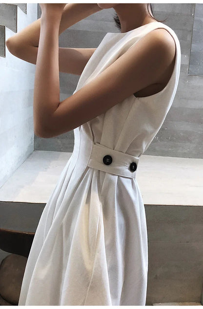 vmtvr Elegant Women White Loose Pockets Casual O-Neck Waist Dress Office Ladies 2024 Summer Sleeveless Midi Dress Vestidos