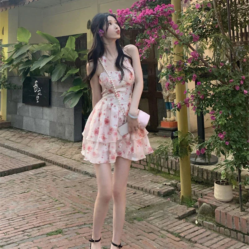 vmtvr Autumn Sweet Floral Strap Dress Women Sexy Beach Party Korean Mini Dress Female Ruffles Designer Casual Fashion Chic Dress