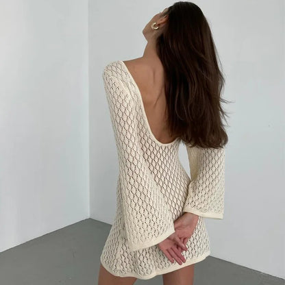 vmtvr Beige Knitted Hollow Out Mini Dress Women Long Sleeve Backless Slim Summer Beach Dress Female Fashion Sexy Cover-Ups 2024