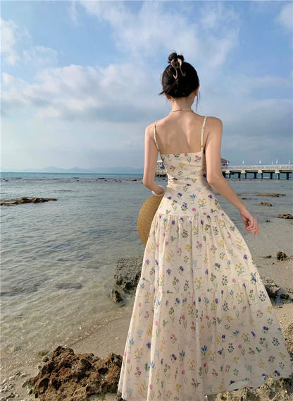 vmtvr  -  Vintage Floral Beach Holiday Long Dresses for Women Summer New Elegant Party Spaghetti Strap Big Hem Casual Female Clothing