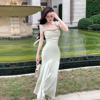 vmtvr  -  Elegant Fashion Sleeveless Satin Long Dresses for Women Summer New Beach Strap Ruffle Mermaid Evening Party Female Clothing