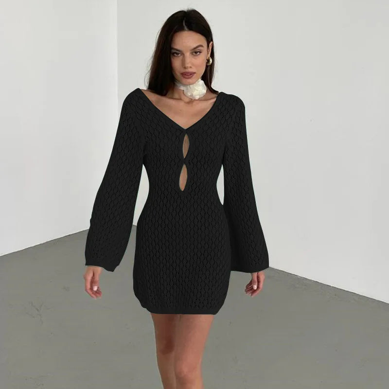 vmtvr Beige Knitted Hollow Out Mini Dress Women Long Sleeve Backless Slim Summer Beach Dress Female Fashion Sexy Cover-Ups 2024