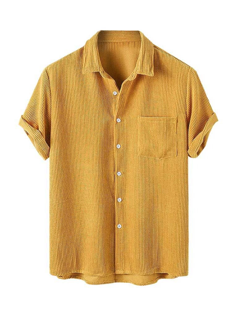 jiaabc Men's Shirt Corduroy Short Sleeve Blouses Casual Solid Streetwear Shirts Summer Ribbed Plain Button Y2K Tops