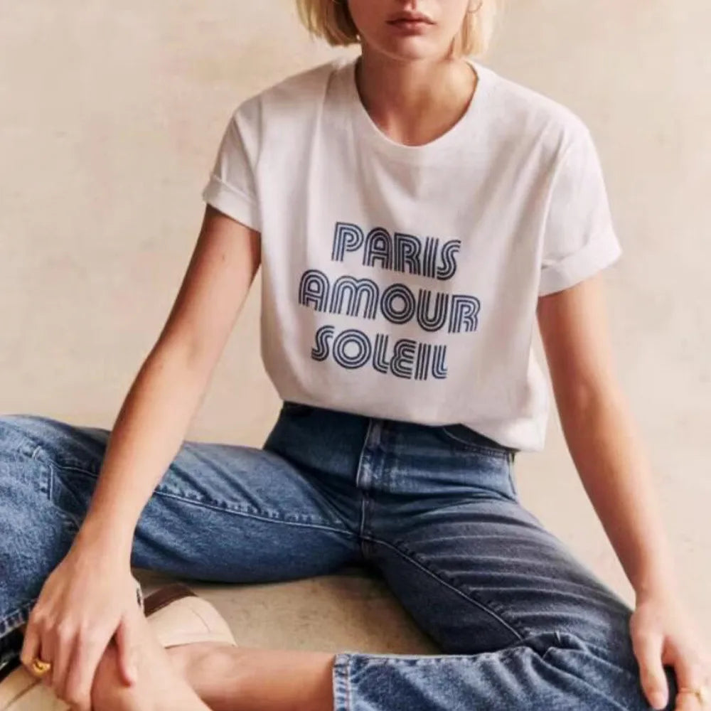 -Retro sports style outfit streetwear 90s fashion Paris Amour Soleil Letters Printing French Vintage Style White T Shirts Women Short Sleeve Loose Cotton Summer Tops Chic Tees