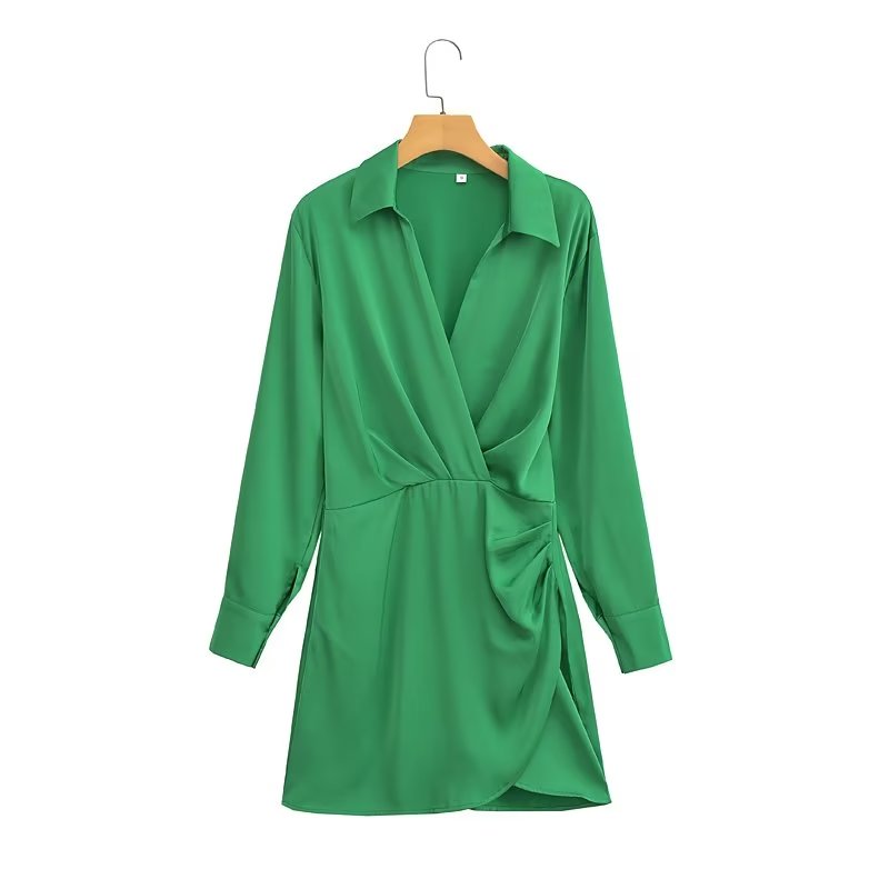 New Women Green Satin Ruched Mini Dress Vintage Lapel Collar Long Sleeve Office Ladies Dresses