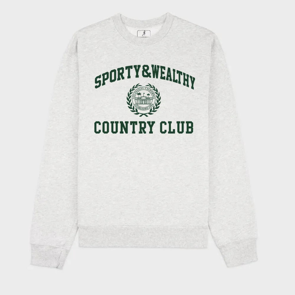 -Retro sports style outfit streetwear 90s fashion American Retro Country Club Printing Women Loose Cotton Crewneck Sweatshirts Light Gray Long Sleeve 90's Casual Street Jumpers