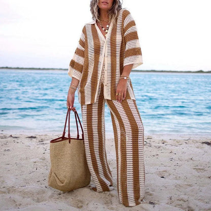 vmtvr Fashion V Neck Button 3/4 Sleeve Shirt+ Long Pants Sets Casual Striped Printed Knitted Beach Suit Summer Women's Loose Outfits